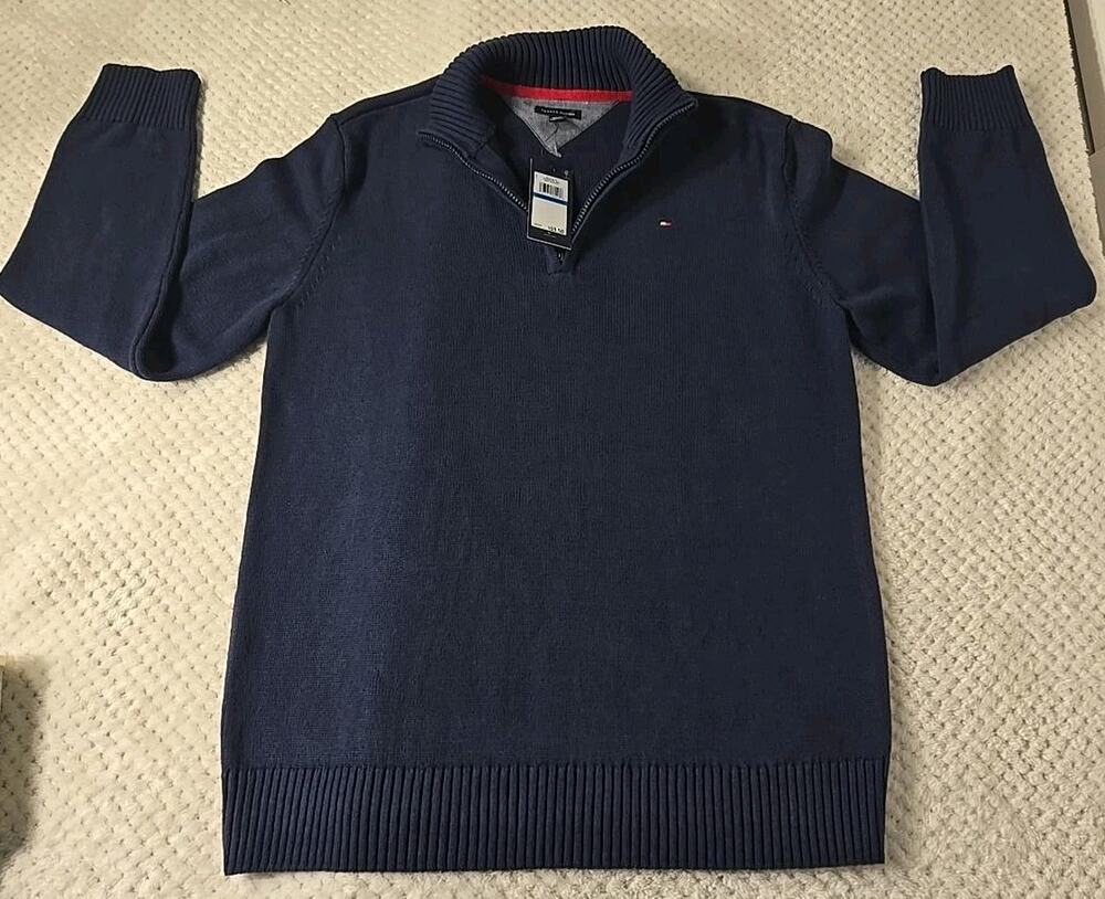 Tommy Hilfiger Boys XL 18/20 Navy Blue Quarter Zip Sweater Cotton NWT #405